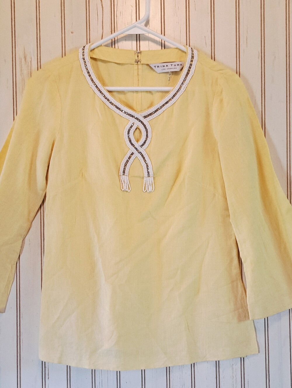 Womens Trina Turk Blouse Butter Yellow Linen 3/4 Sleeve Beaded Blouse Top Small